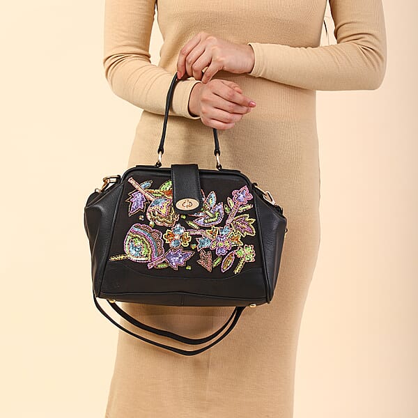 Black Genuine Leather Floral Embroidery Embellishment Handbag With Top Handle And Shoulder Strap