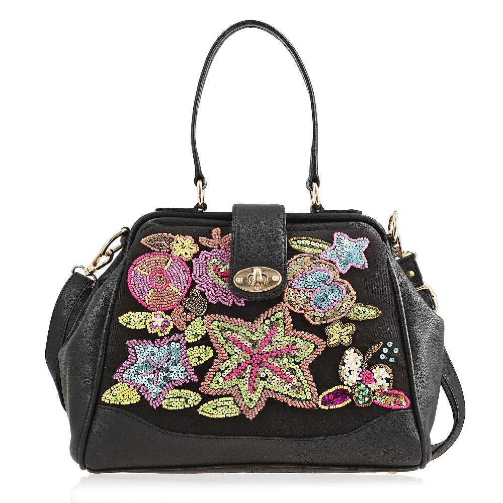 Black Genuine Leather Floral Embroidery Embellishment Handbag with Top Handle and Shoulder Strap