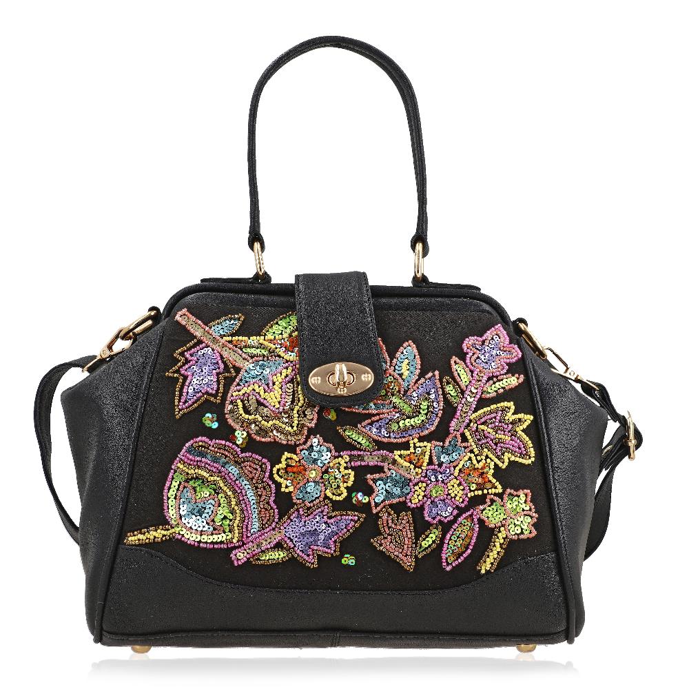 Black Genuine Leather Floral Embroidery Embellishment Handbag with Top Handle and Shoulder Strap