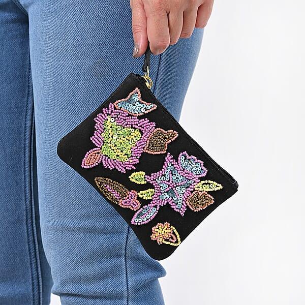 Black Genuine Leather Floral Pattern Embellishment Pouch With Top Zip Closure