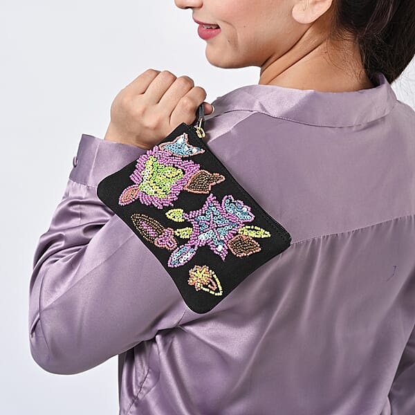 Black Genuine Leather Floral Pattern Embellishment Pouch With Top Zip Closure