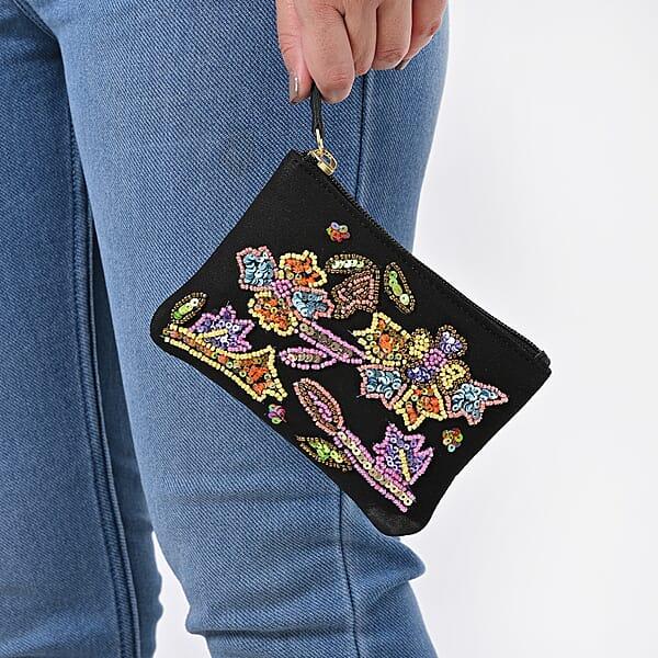 Black Genuine Leather Floral Pattern Embellishment Pouch With Top Zip Closure