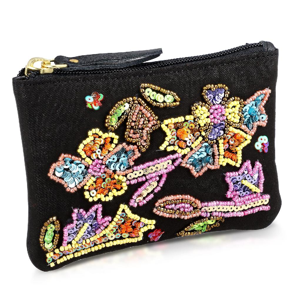 Black Genuine Leather Floral Pattern Embellishment Pouch with Top Zip Closure