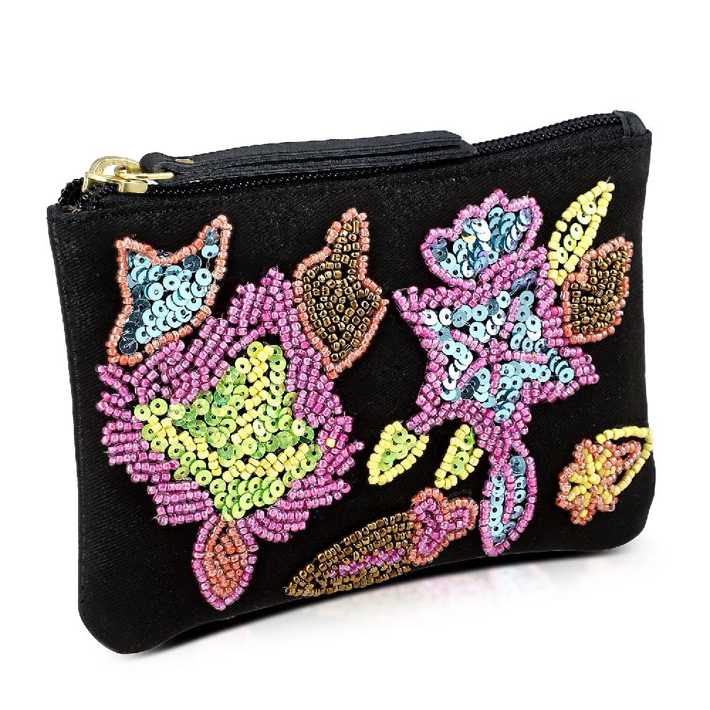 Black Genuine Leather Floral Pattern Embellishment Pouch With Top Zip Closure