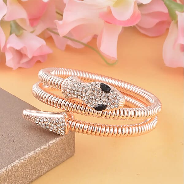 Black Glass And White Austrian Crystal Snake Link Chain Bracelet In Rosetone (7.00 In)