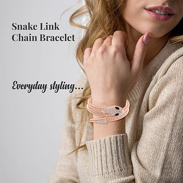 Black Glass And White Austrian Crystal Snake Link Chain Bracelet In Rosetone (7.00 In)