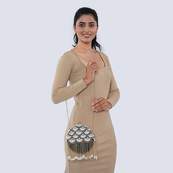Black Hand Embroidery Pearl Studded Velvet Clutch With Tassels Ring Handle And Sling Chain