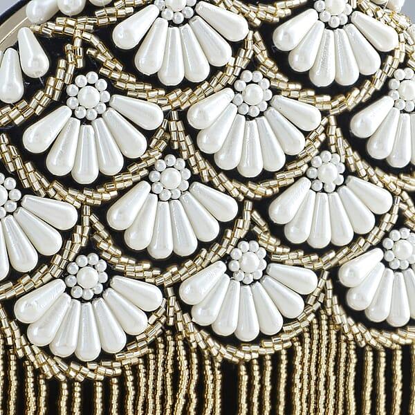 Black Hand Embroidery Pearl Studded Velvet Clutch With Tassels Ring Handle And Sling Chain