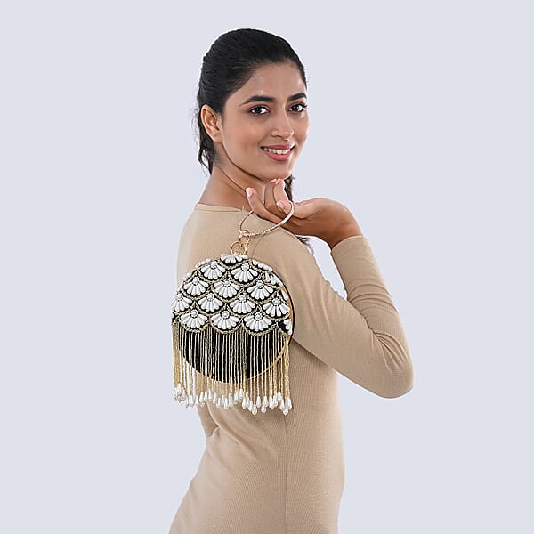 Black Hand Embroidery Pearl Studded Velvet Clutch With Tassels Ring Handle And Sling Chain