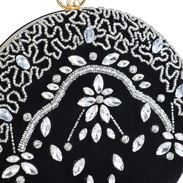 Black Hand Embroidery Round Shaped Beads Studded Velvet Clutch With Ring Handle And Sling Chain