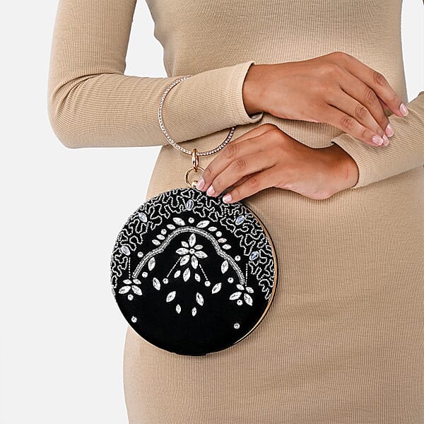 Black Hand Embroidery Round Shaped Beads Studded Velvet Clutch With Ring Handle And Sling Chain