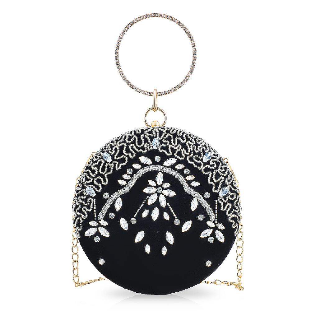 Black Hand Embroidery Round Shaped Beads Studded Velvet Clutch With Ring Handle And Sling Chain