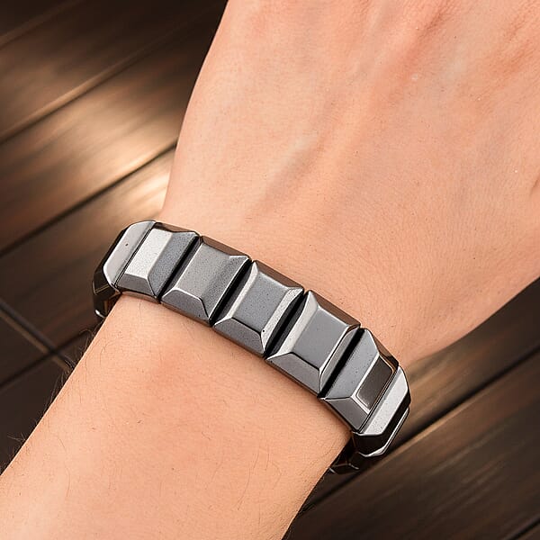 Black Hematite Block Stretch Men's Bracelet 360.00 Ctw (8-8.5 Inches)