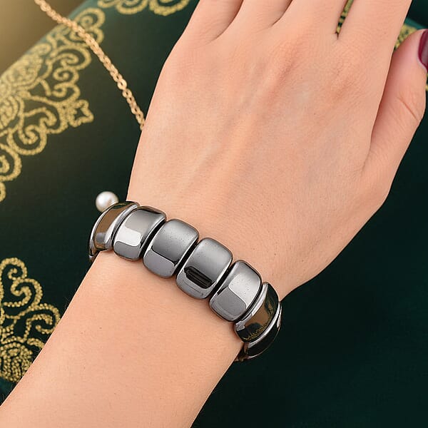 Black Hematite Block Stretch Men's Bracelet 360.00 Ctw (7.75-8.25 Inches)