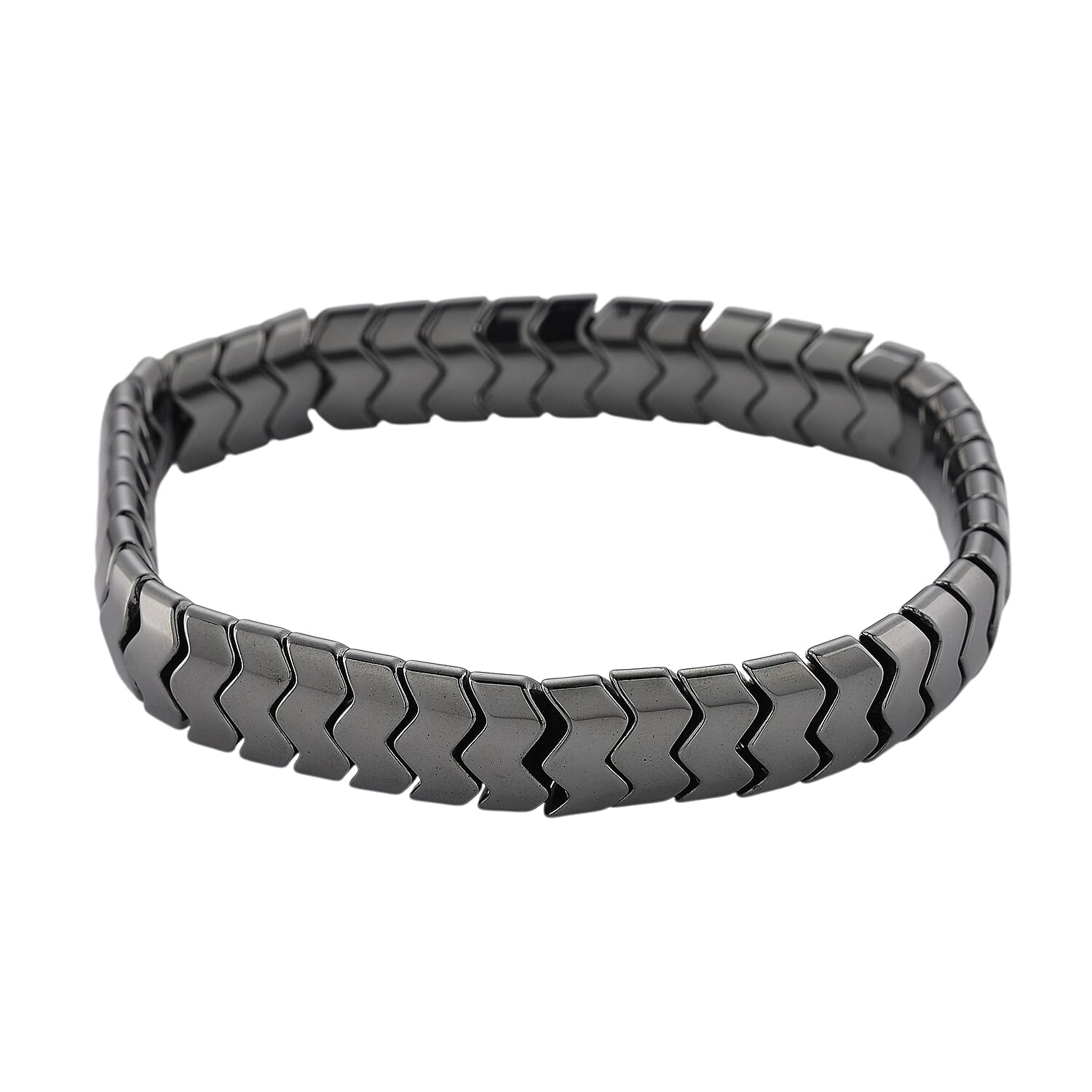 Black Hematite Chevron Block Stretch Men's Bracelet 207.50 ctw (8-8.5 Inches)