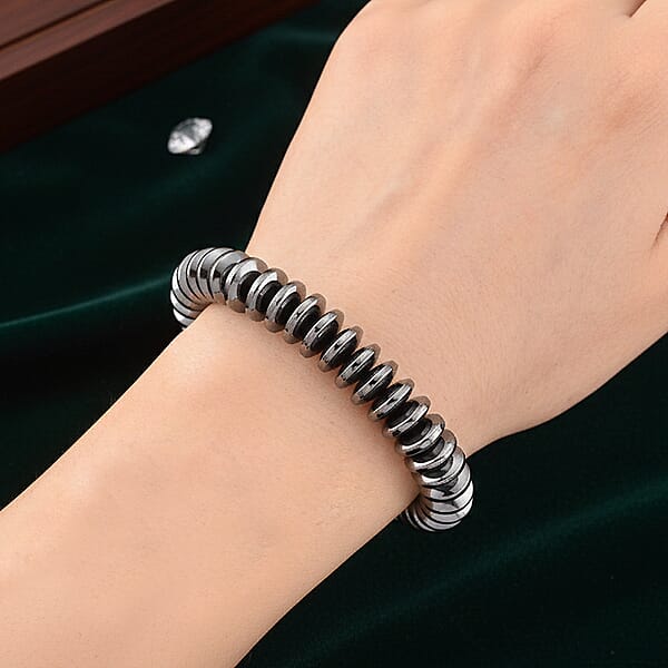 Black Hematite Roundel Beaded Stretch Bracelet 257.00 Ctw (6.75-7.25 Inches)