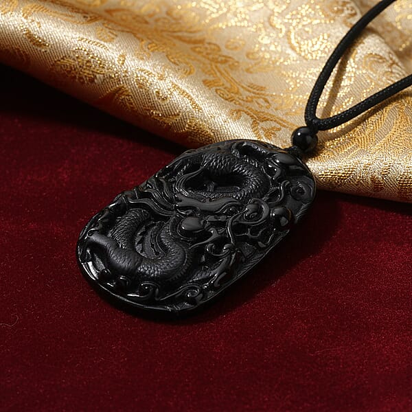 Black Jade (D) 125.00 Ctw Carved Dragon Pendant With Black Cord Necklace 28 Inches