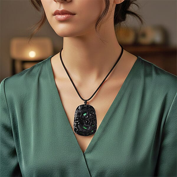 Black Jade (D) 125.00 Ctw Carved Dragon Pendant With Black Cord Necklace 28 Inches