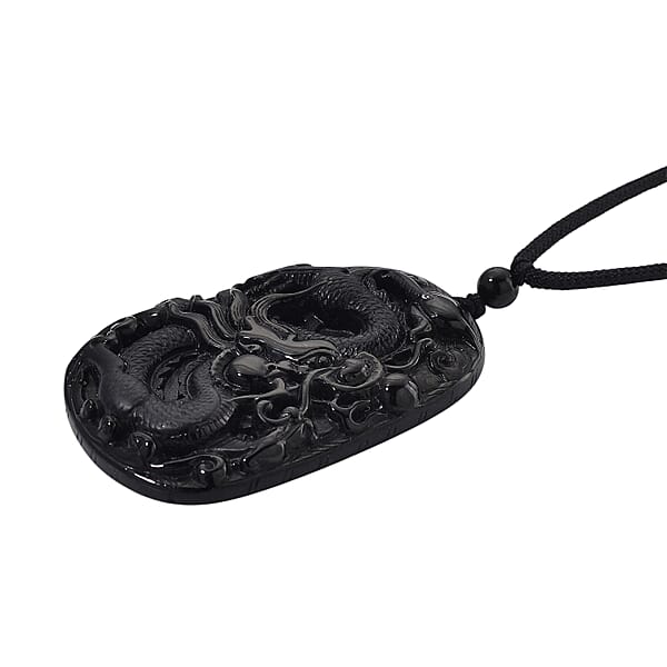 Black Jade (D) 125.00 Ctw Carved Dragon Pendant With Black Cord Necklace 28 Inches