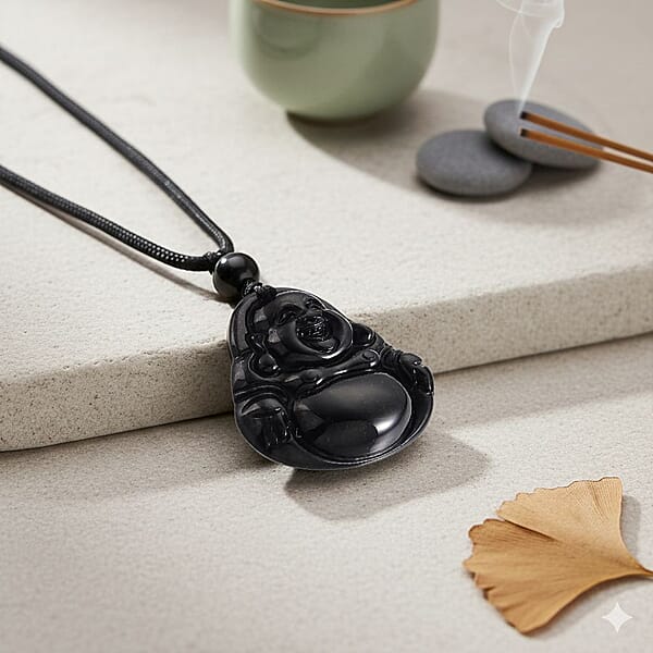 Black Jade (D) 20.00 Ctw Carved Buddha Pendant With Black Cord Necklace (28 Inches)