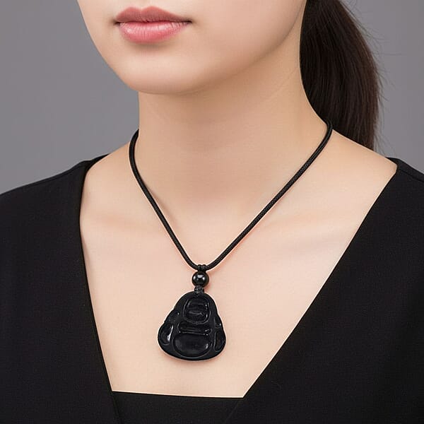 Black Jade (D) 20.00 Ctw Carved Buddha Pendant With Black Cord Necklace (28 Inches)