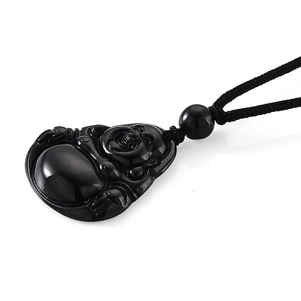Black Jade (D) 20.00 Ctw Carved Buddha Pendant With Black Cord Necklace (28 Inches)