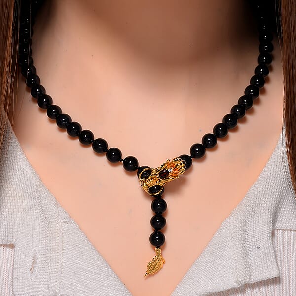 Black Jade (D) And Multi Gemstone 227.60 Ctw Dragon Necklace In 18K Vermeil Yellow Gold Over Sterling Silver 18-20 Inches