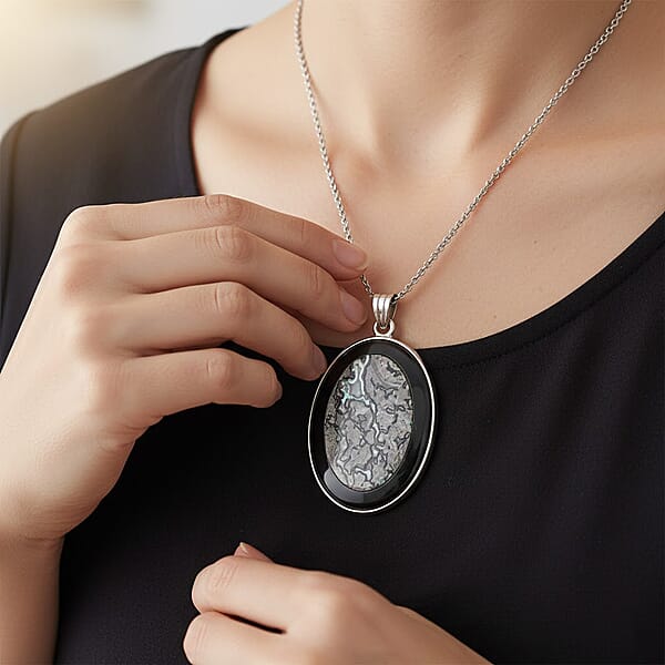 Black Jasper And Blackstone Pendant Necklace (20 Inches) In Stainless Steel 46.00 Ctw