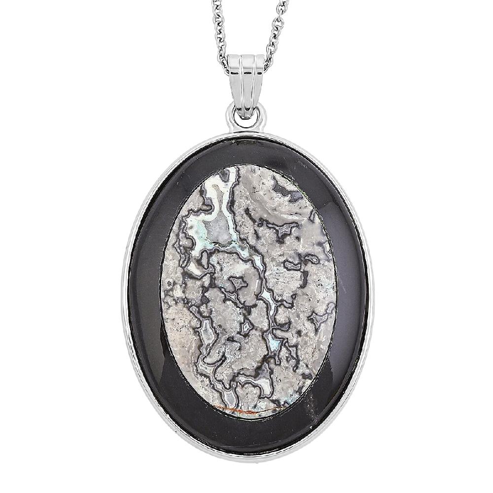 Black Jasper and Blackstone Pendant Necklace (20 Inches) in Stainless Steel 46.00 ctw