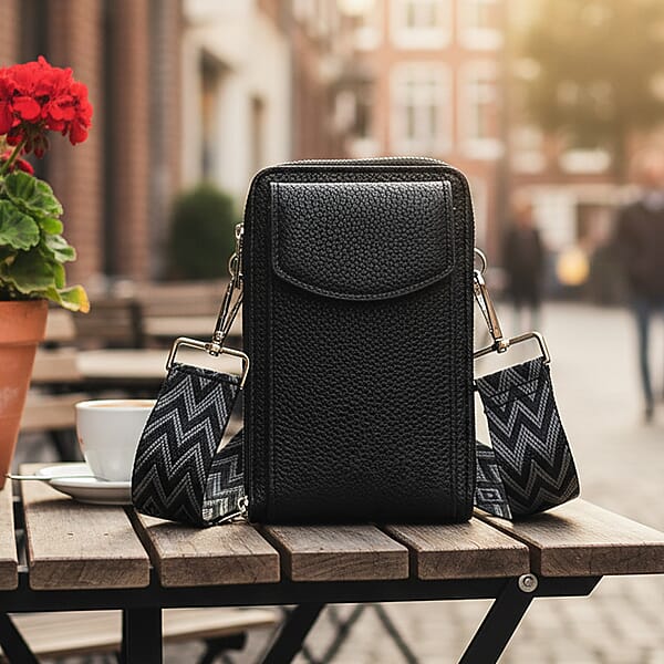 Black Litchi Embossed Faux Leather Crossbody Bag With Woven Shoulder Strap