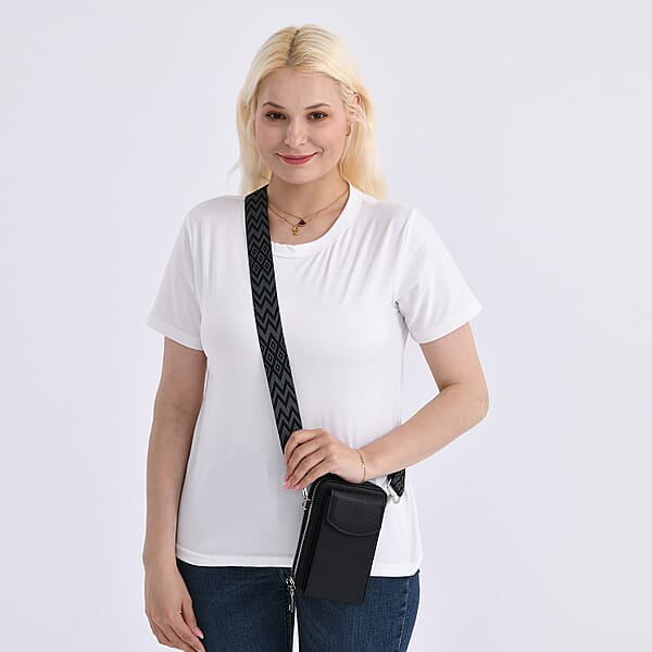 Black Litchi Embossed Faux Leather Crossbody Bag With Woven Shoulder Strap