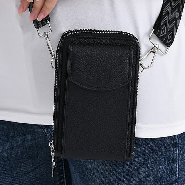 Black Litchi Embossed Faux Leather Crossbody Bag With Woven Shoulder Strap