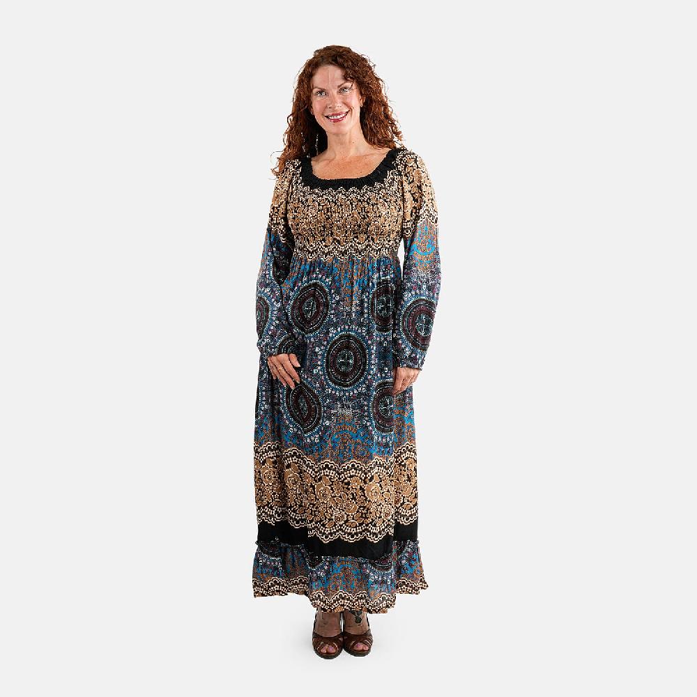 Black Mandala Long Sleeve Smocked Maxi Dress - One Size Fits Most