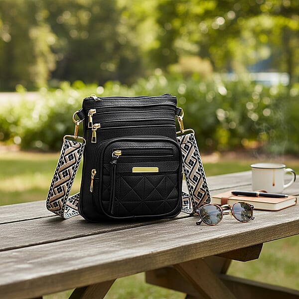 Black Multiple Pockets Faux Leather Crossbody Bag With Shoulder Strap