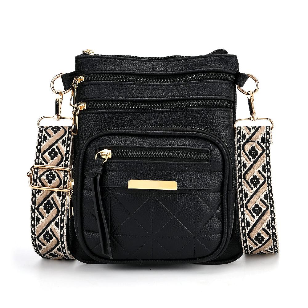 Black Multiple Pockets Faux Leather Crossbody Bag with Shoulder Strap