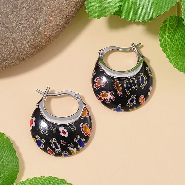 Black Murano Style Basket Earrings In Stainless Steel With Lifetime Guarantee