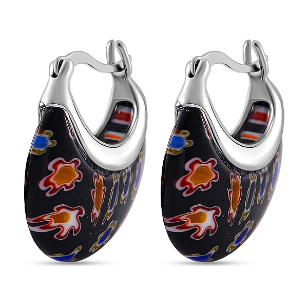 Black Murano Style Basket Earrings In Stainless Steel With Lifetime Guarantee