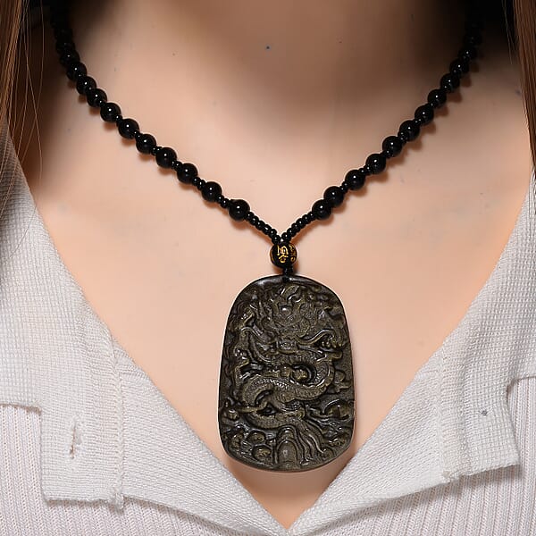 Black Obsidian 340.00 Ctw Carved Dragon Pendant With Beaded Necklace 26 Inches