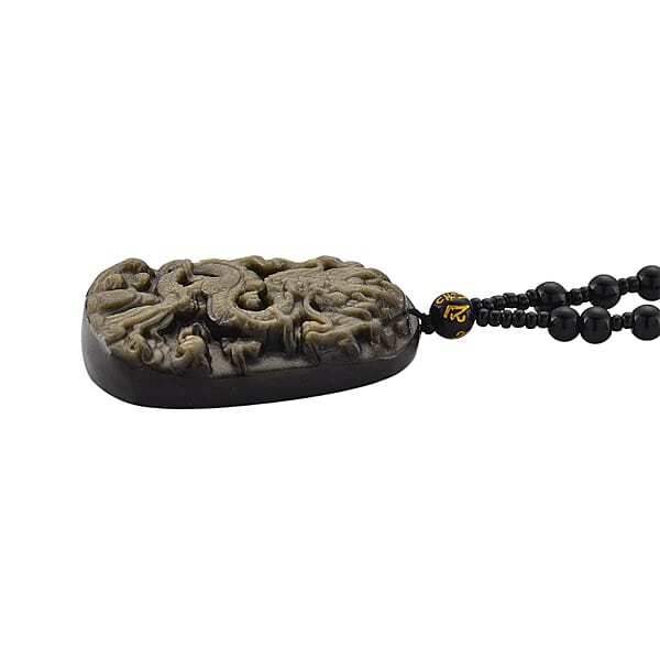 Black Obsidian 340.00 Ctw Carved Dragon Pendant With Beaded Necklace 26 Inches