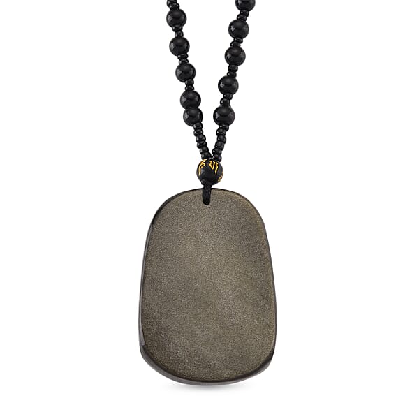 Black Obsidian 340.00 Ctw Carved Dragon Pendant With Beaded Necklace 26 Inches