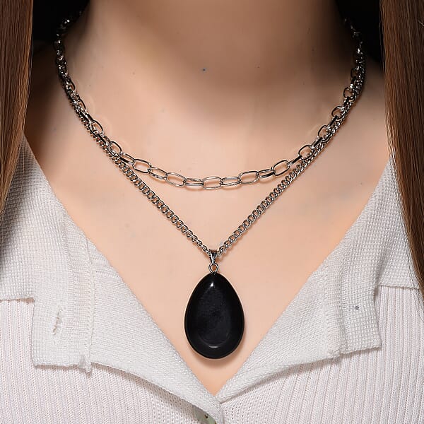 Black Obsidian 75.00 Ctw Pendant With Paper Clip Necklace In Silvertone 18-20 Inches
