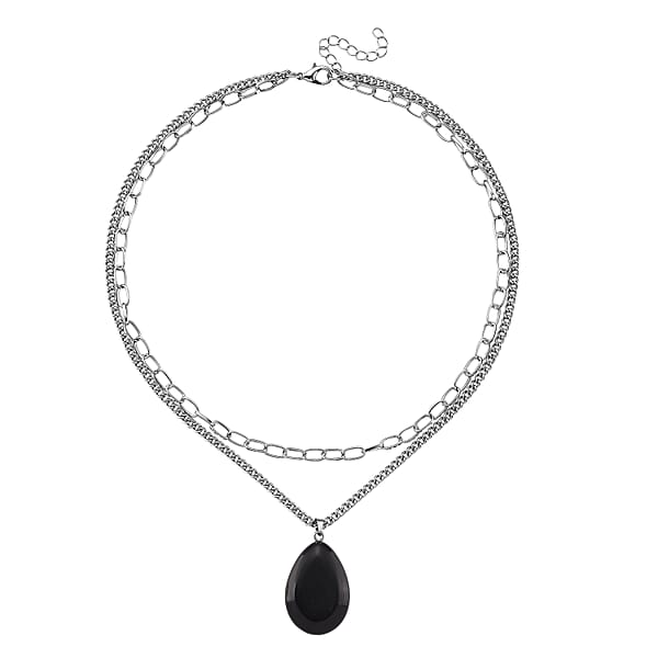 Black Obsidian 75.00 Ctw Pendant With Paper Clip Necklace In Silvertone 18-20 Inches