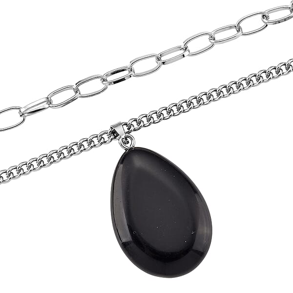 Black Obsidian 75.00 Ctw Pendant With Paper Clip Necklace In Silvertone 18-20 Inches
