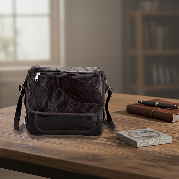 Black Patchwork Sheep Leather Crossbody Bag With Adjustable Shoulder Strap