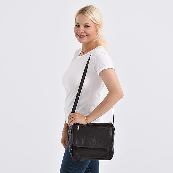 Black Patchwork Sheep Leather Crossbody Bag With Adjustable Shoulder Strap