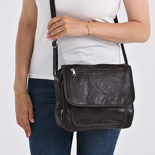 Black Patchwork Sheep Leather Crossbody Bag With Adjustable Shoulder Strap