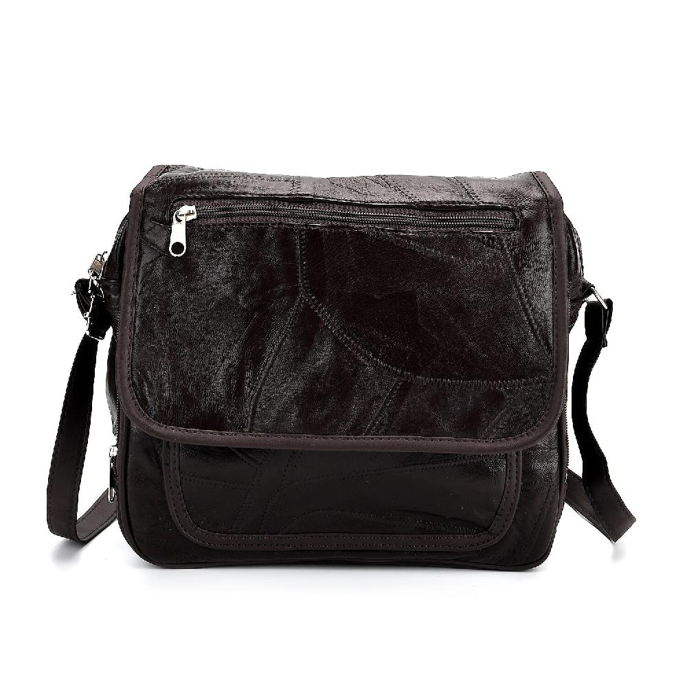 Black Patchwork Sheep Leather Crossbody Bag with Adjustable Shoulder Strap