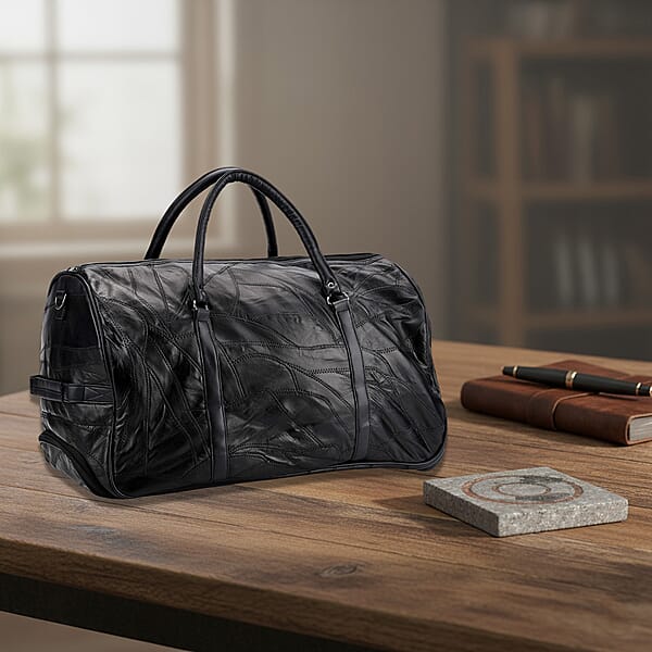 Black Patchwork Sheep Leather Travel Bag With Wheels