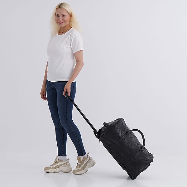 Black Patchwork Sheep Leather Travel Bag With Wheels