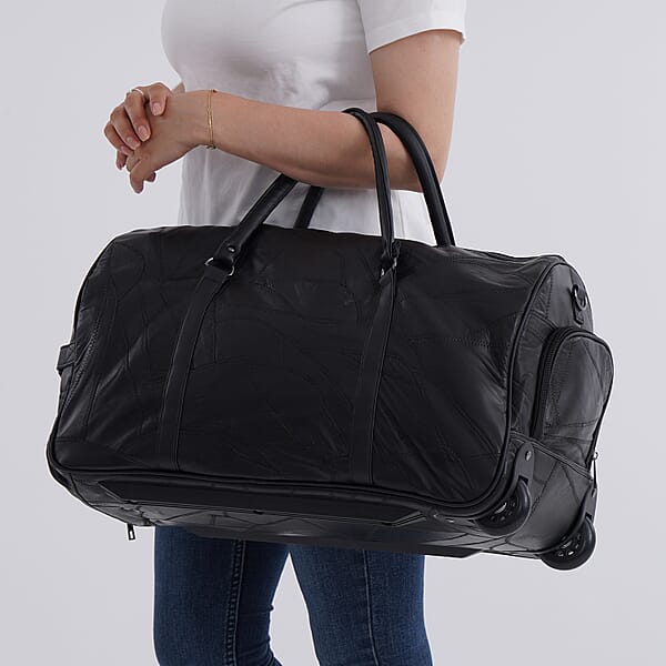 Black Patchwork Sheep Leather Travel Bag With Wheels